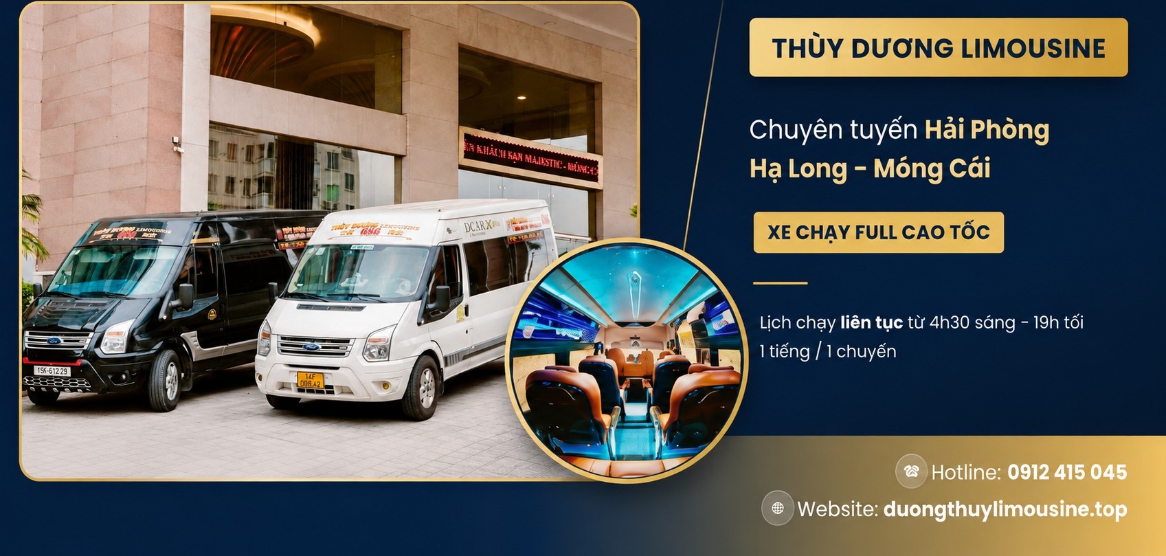 Xe limousine Thùy Dương đỗ trước sảnh khách sạn tại Móng Cái, Quảng Ninh
